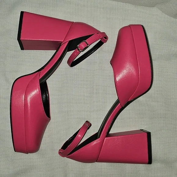 🟢 Pink Square Toe Chunky Heels Maryjanes Size 8 - Picture 3 of 9